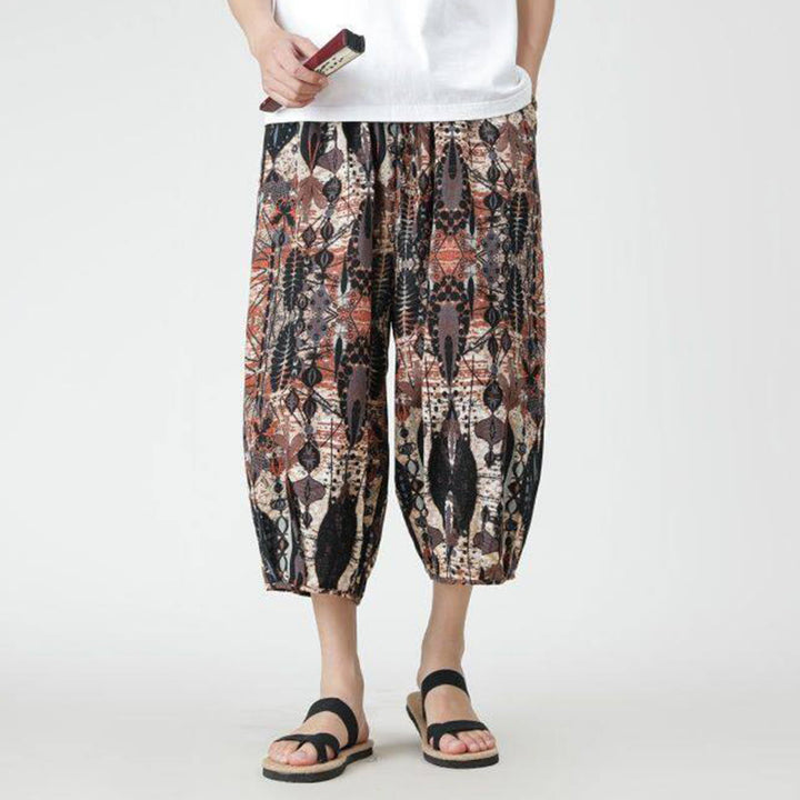 Pantalon d'été en coton et lin pour homme, Buddha Stones patchwork, éléphant, mandala, géométrie, longueur 7-8, avec poches
