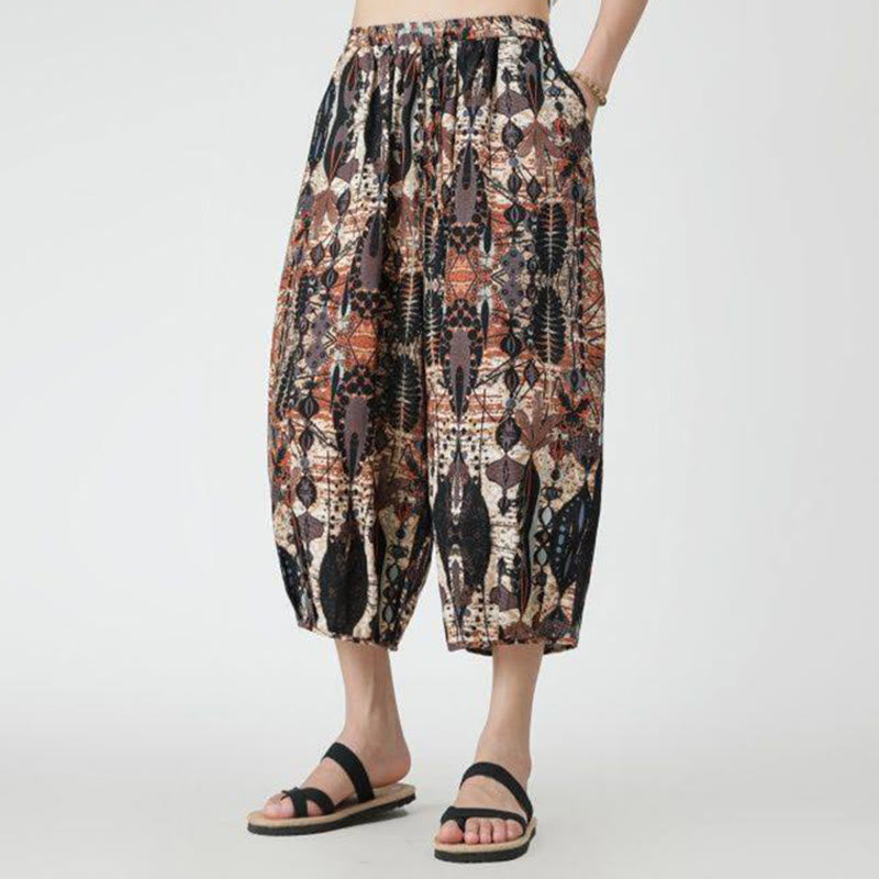 Pantalon d'été en coton et lin pour homme, Buddha Stones patchwork, éléphant, mandala, géométrie, longueur 7-8, avec poches