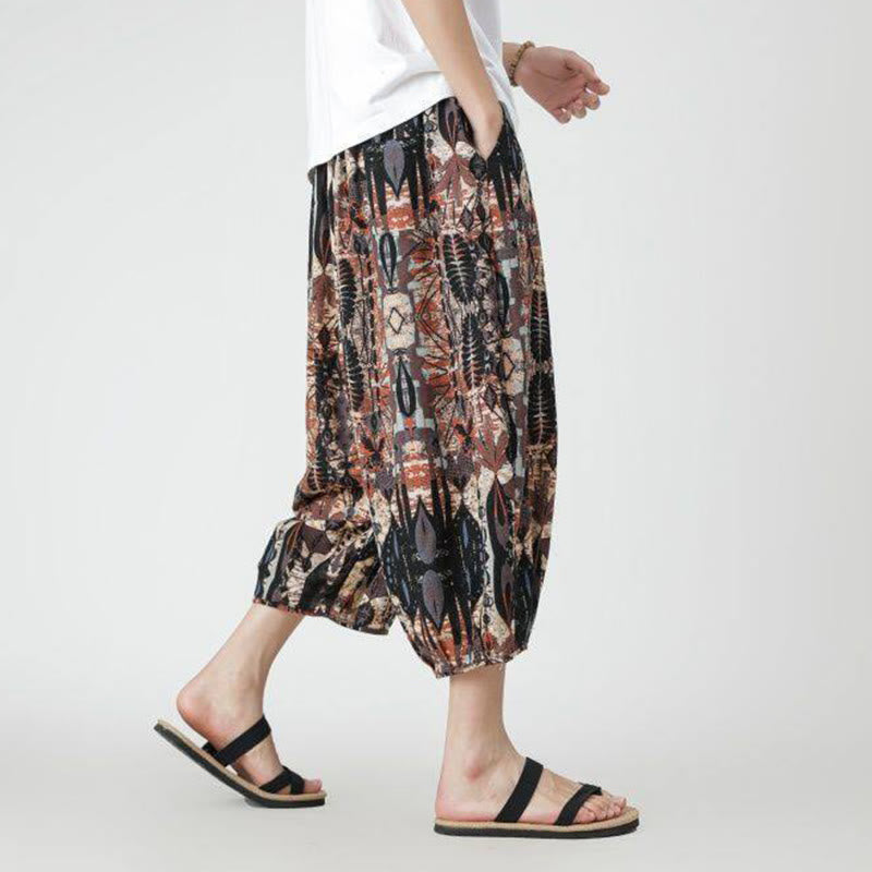 Pantalon d'été en coton et lin pour homme, Buddha Stones patchwork, éléphant, mandala, géométrie, longueur 7-8, avec poches