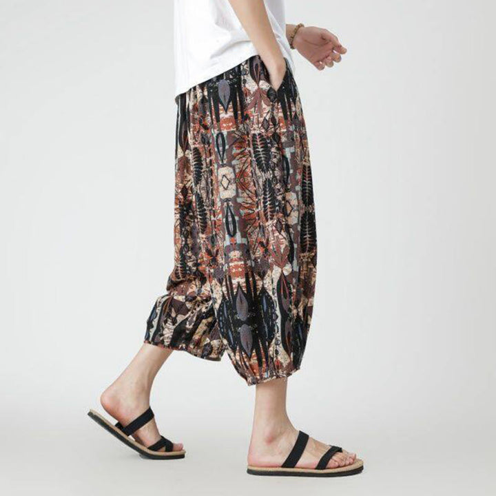 Pantalon d'été en coton et lin pour homme, Buddha Stones patchwork, éléphant, mandala, géométrie, longueur 7-8, avec poches