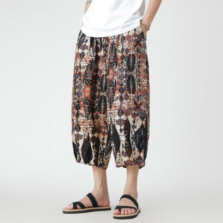Pantalon d'été en coton et lin pour homme, Buddha Stones patchwork, éléphant, mandala, géométrie, longueur 7-8, avec poches