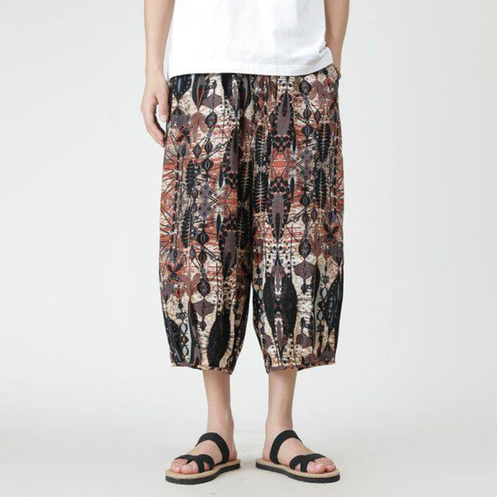 Pantalon d'été en coton et lin pour homme, Buddha Stones patchwork, éléphant, mandala, géométrie, longueur 7-8, avec poches