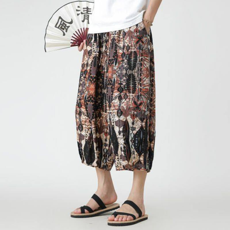 Pantalon d'été en coton et lin pour homme, Buddha Stones patchwork, éléphant, mandala, géométrie, longueur 7-8, avec poches