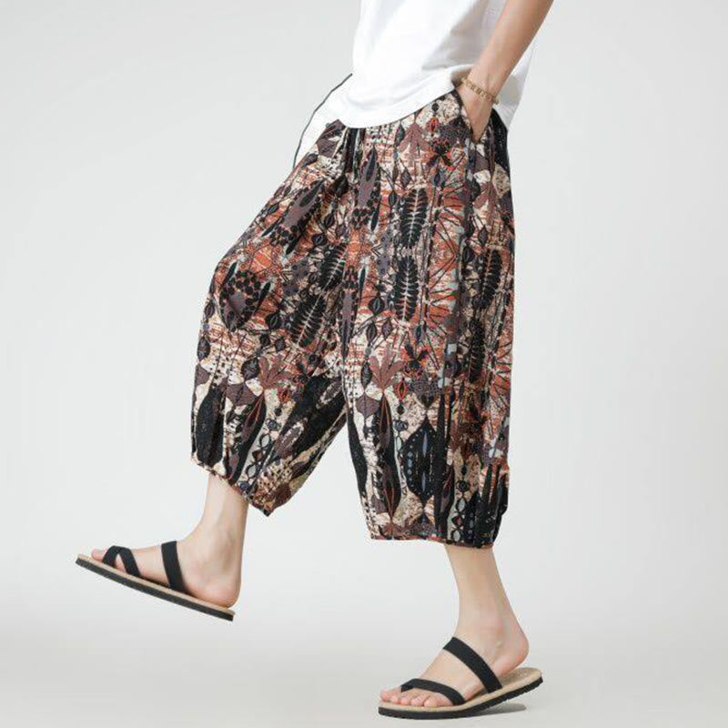 Pantalon d'été en coton et lin pour homme, Buddha Stones patchwork, éléphant, mandala, géométrie, longueur 7-8, avec poches