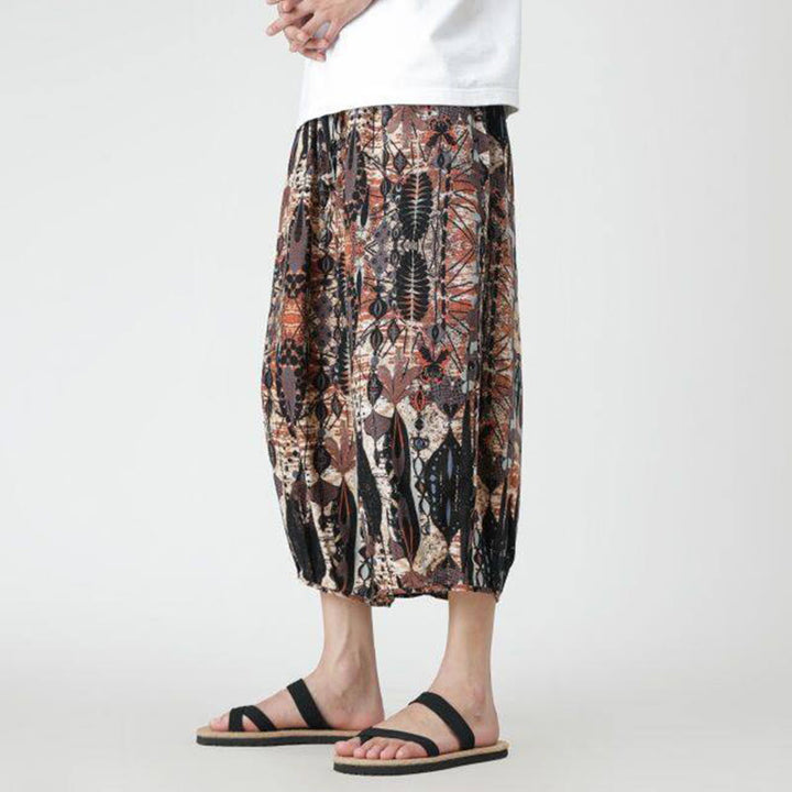 Pantalon d'été en coton et lin pour homme, Buddha Stones patchwork, éléphant, mandala, géométrie, longueur 7-8, avec poches
