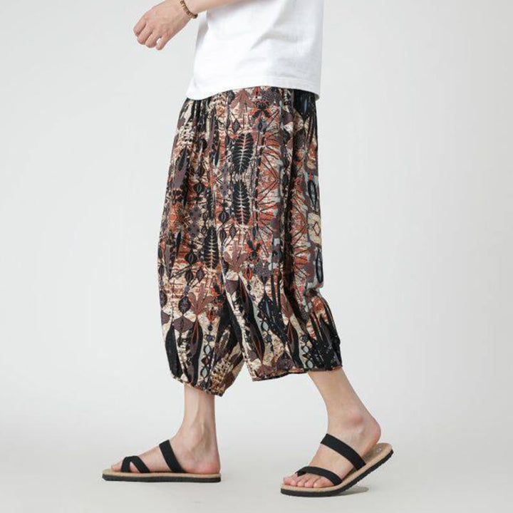 Pantalon d'été en coton et lin pour homme, Buddha Stones patchwork, éléphant, mandala, géométrie, longueur 7-8, avec poches