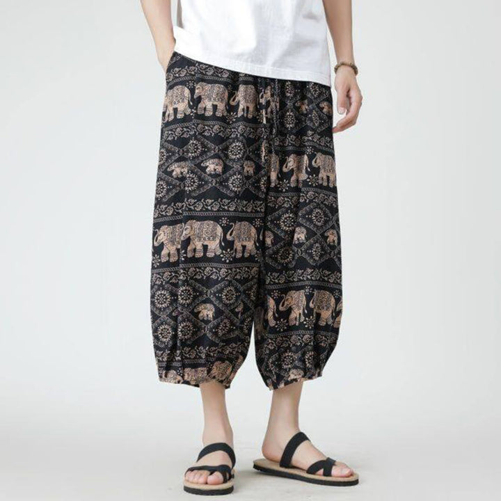 Pantalon d'été en coton et lin pour homme, Buddha Stones patchwork, éléphant, mandala, géométrie, longueur 7-8, avec poches