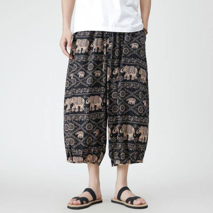 Pantalon d'été en coton et lin pour homme, Buddha Stones patchwork, éléphant, mandala, géométrie, longueur 7-8, avec poches