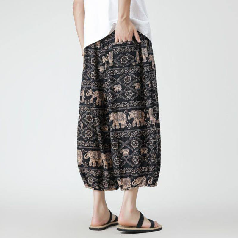 Pantalon d'été en coton et lin pour homme, Buddha Stones patchwork, éléphant, mandala, géométrie, longueur 7-8, avec poches