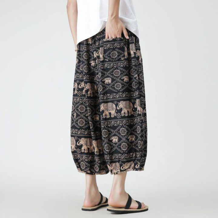 Pantalon d'été en coton et lin pour homme, Buddha Stones patchwork, éléphant, mandala, géométrie, longueur 7-8, avec poches