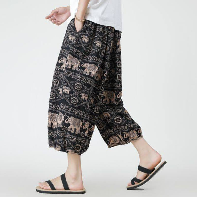 Pantalon d'été en coton et lin pour homme, Buddha Stones patchwork, éléphant, mandala, géométrie, longueur 7-8, avec poches
