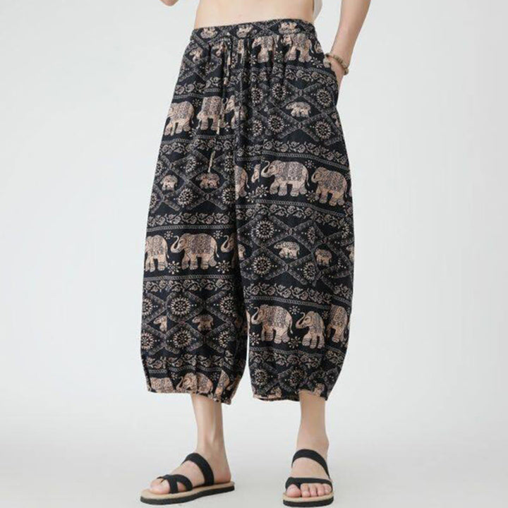 Pantalon d'été en coton et lin pour homme, Buddha Stones patchwork, éléphant, mandala, géométrie, longueur 7-8, avec poches