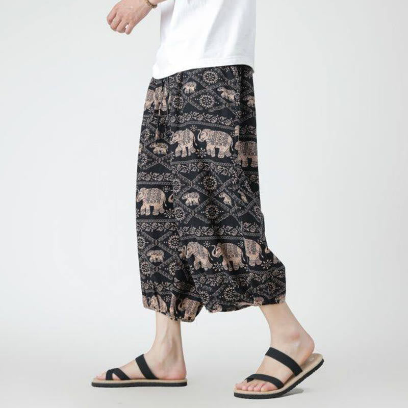 Pantalon d'été en coton et lin pour homme, Buddha Stones patchwork, éléphant, mandala, géométrie, longueur 7-8, avec poches