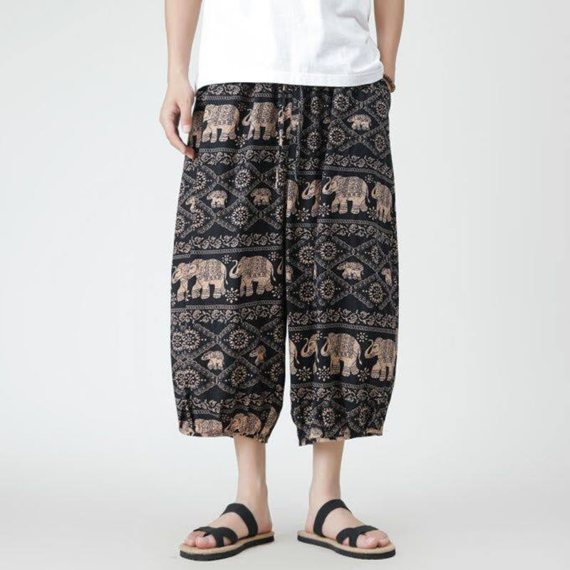 Pantalon d'été en coton et lin pour homme, Buddha Stones patchwork, éléphant, mandala, géométrie, longueur 7-8, avec poches - image 21