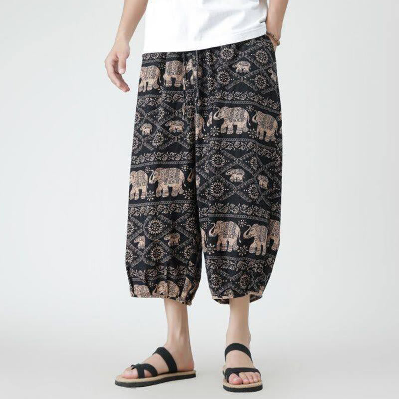 Pantalon d'été en coton et lin pour homme, Buddha Stones patchwork, éléphant, mandala, géométrie, longueur 7-8, avec poches