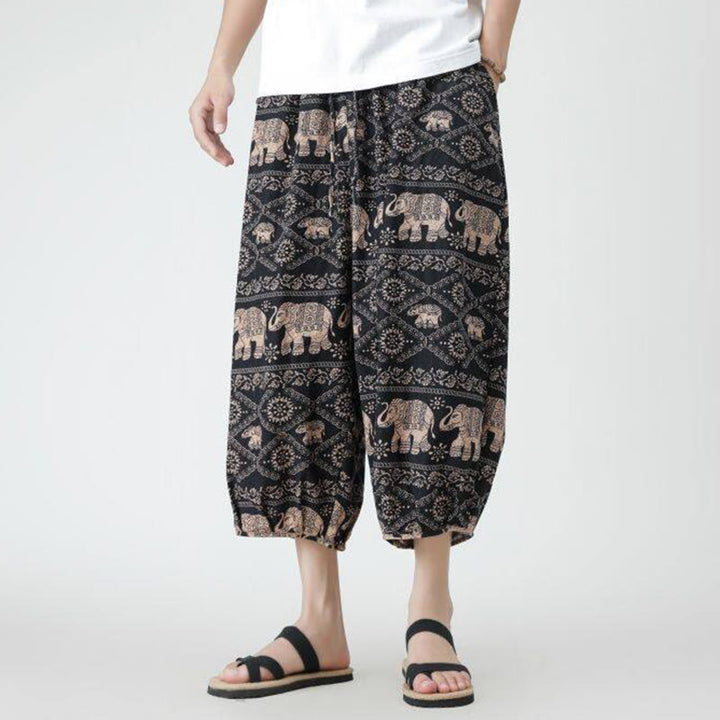 Pantalon d'été en coton et lin pour homme, Buddha Stones patchwork, éléphant, mandala, géométrie, longueur 7-8, avec poches