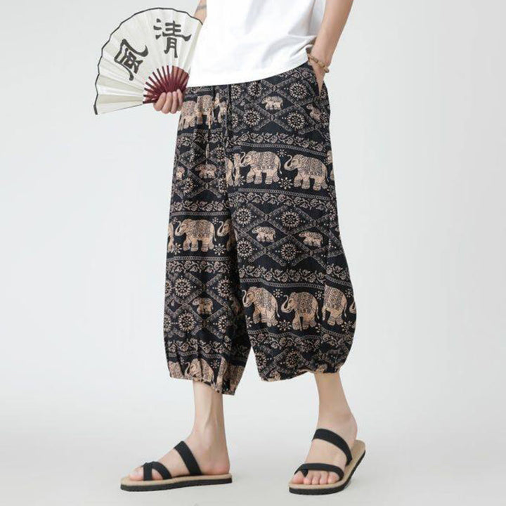 Pantalon d'été en coton et lin pour homme, Buddha Stones patchwork, éléphant, mandala, géométrie, longueur 7-8, avec poches