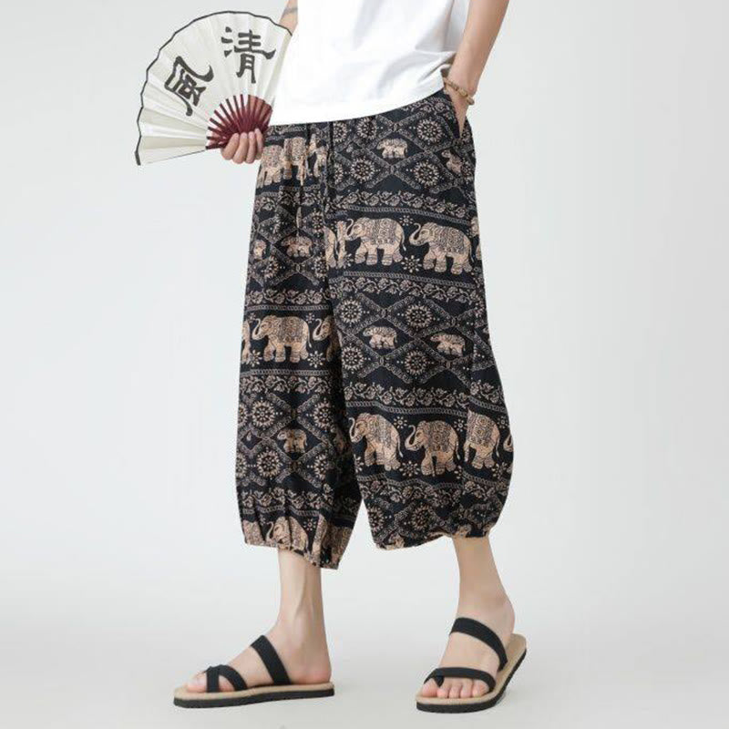 Pantalon d'été en coton et lin pour homme, Buddha Stones patchwork, éléphant, mandala, géométrie, longueur 7-8, avec poches - image 29
