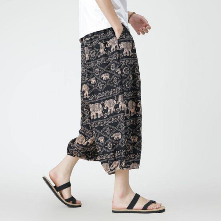Pantalon d'été en coton et lin pour homme, Buddha Stones patchwork, éléphant, mandala, géométrie, longueur 7-8, avec poches