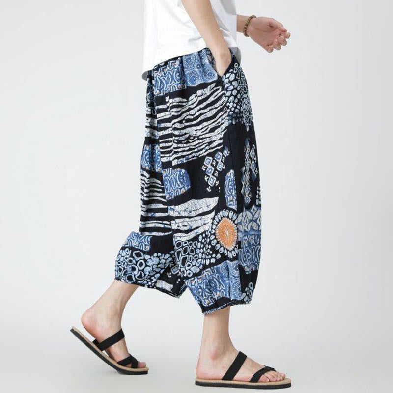 Pantalon d'été en coton et lin pour homme, Buddha Stones patchwork, éléphant, mandala, géométrie, longueur 7-8, avec poches