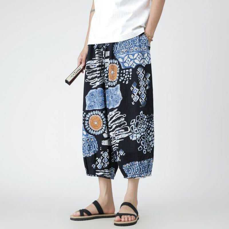 Pantalon d'été en coton et lin pour homme, Buddha Stones patchwork, éléphant, mandala, géométrie, longueur 7-8, avec poches