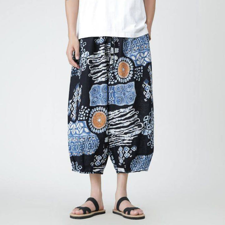 Pantalon d'été en coton et lin pour homme, Buddha Stones patchwork, éléphant, mandala, géométrie, longueur 7-8, avec poches