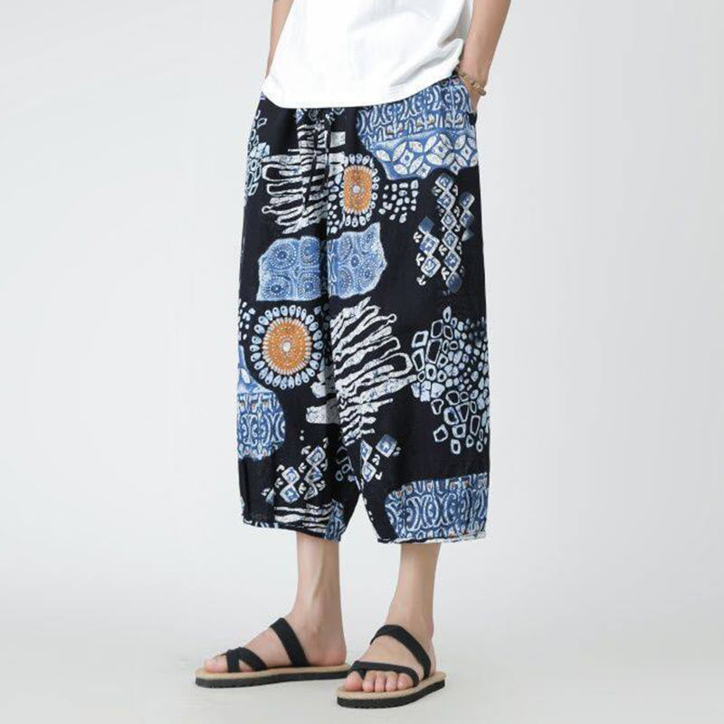 Pantalon d'été en coton et lin pour homme, Buddha Stones patchwork, éléphant, mandala, géométrie, longueur 7-8, avec poches - image 35