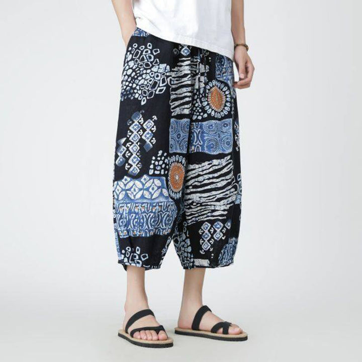 Pantalon d'été en coton et lin pour homme, Buddha Stones patchwork, éléphant, mandala, géométrie, longueur 7-8, avec poches - image 34