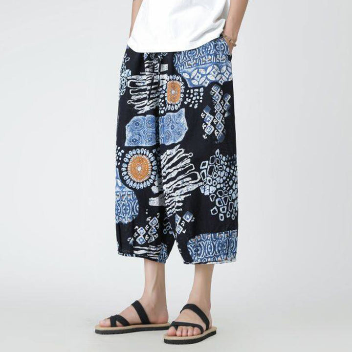 Pantalon d'été en coton et lin pour homme, Buddha Stones patchwork, éléphant, mandala, géométrie, longueur 7-8, avec poches