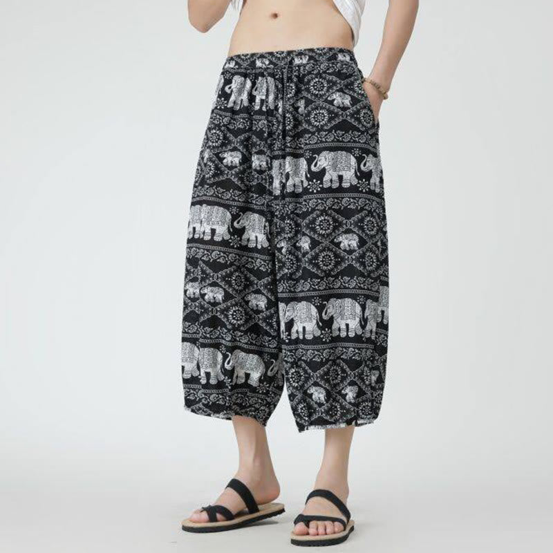 Pantalon d'été en coton et lin pour homme, Buddha Stones patchwork, éléphant, mandala, géométrie, longueur 7-8, avec poches