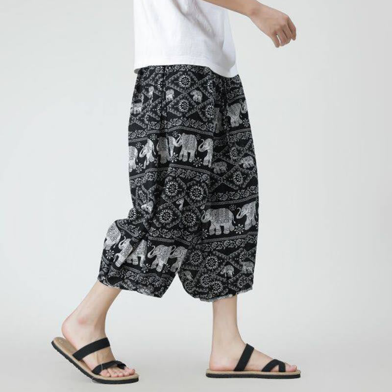 Pantalon d'été en coton et lin pour homme, Buddha Stones patchwork, éléphant, mandala, géométrie, longueur 7-8, avec poches