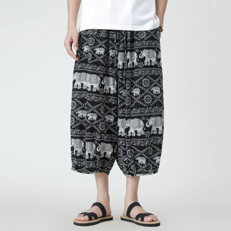 Pantalon d'été en coton et lin pour homme, Buddha Stones patchwork, éléphant, mandala, géométrie, longueur 7-8, avec poches - image 42