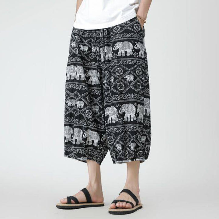 Pantalon d'été en coton et lin pour homme, Buddha Stones patchwork, éléphant, mandala, géométrie, longueur 7-8, avec poches