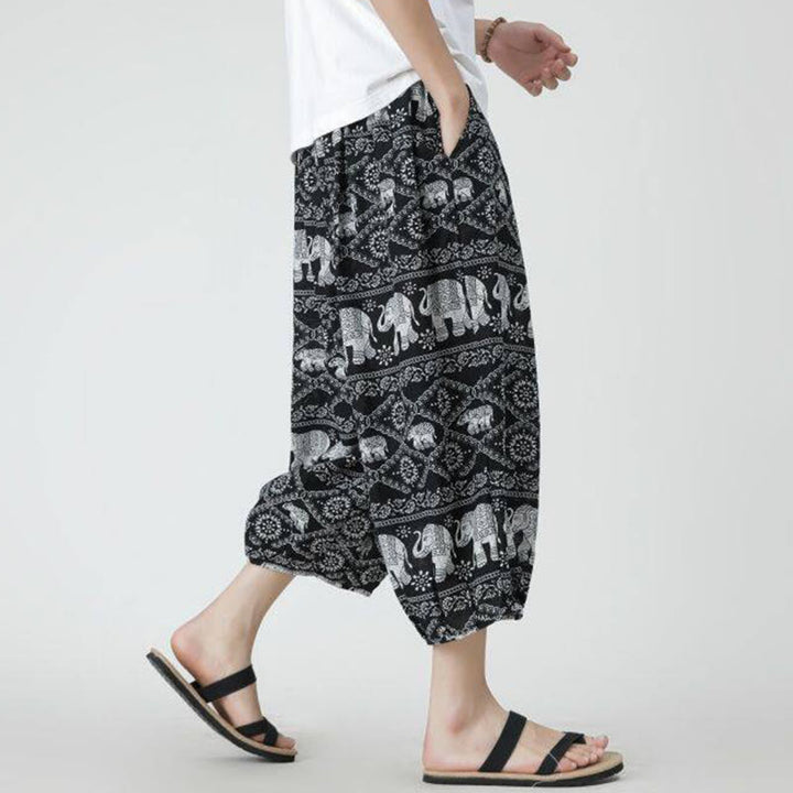 Pantalon d'été en coton et lin pour homme, Buddha Stones patchwork, éléphant, mandala, géométrie, longueur 7-8, avec poches
