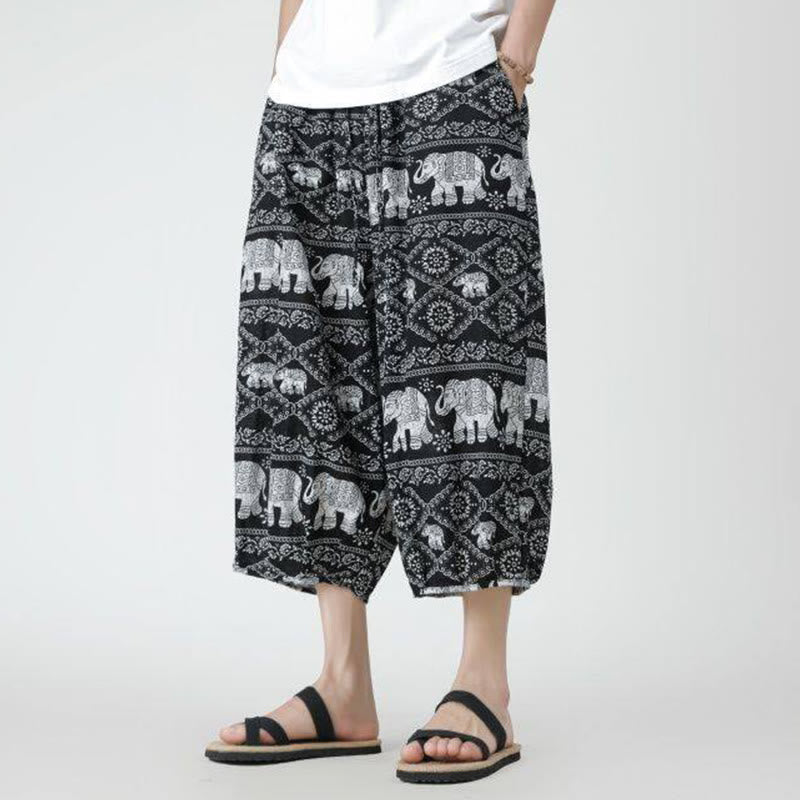 Pantalon d'été en coton et lin pour homme, Buddha Stones patchwork, éléphant, mandala, géométrie, longueur 7-8, avec poches - image 45