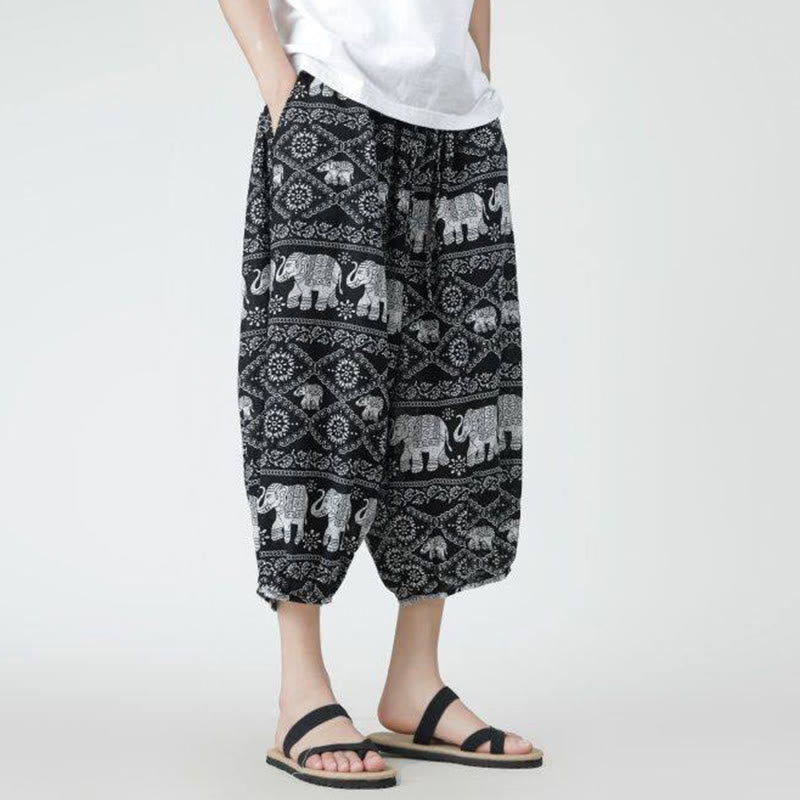 Pantalon d'été en coton et lin pour homme, Buddha Stones patchwork, éléphant, mandala, géométrie, longueur 7-8, avec poches - image 46