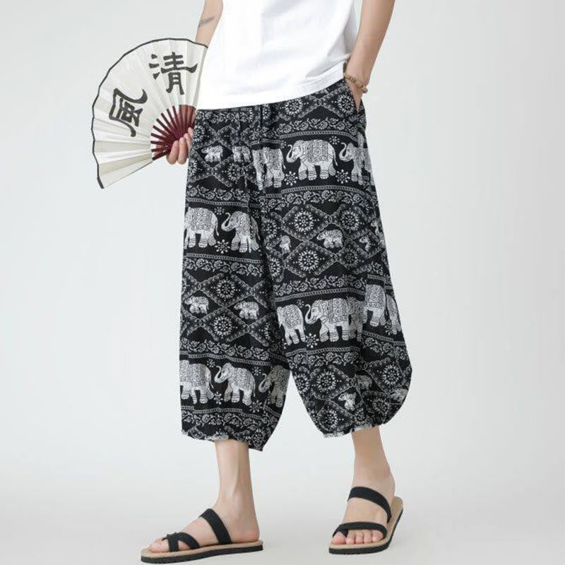 Pantalon d'été en coton et lin pour homme, Buddha Stones patchwork, éléphant, mandala, géométrie, longueur 7-8, avec poches