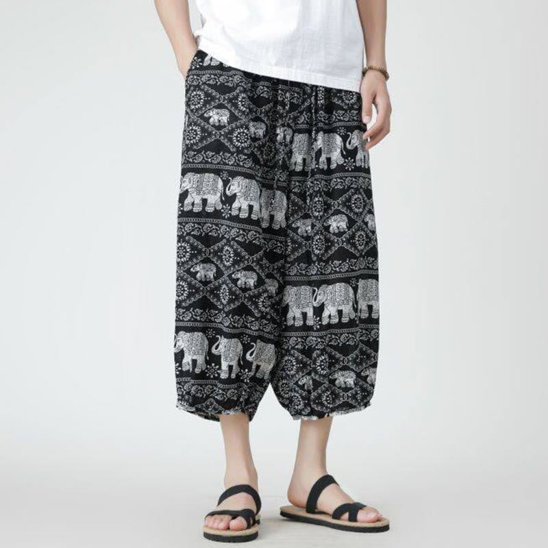 Pantalon d'été en coton et lin pour homme, Buddha Stones patchwork, éléphant, mandala, géométrie, longueur 7-8, avec poches - image 47