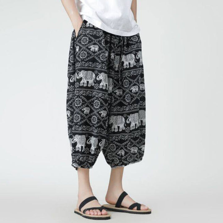 Pantalon d'été en coton et lin pour homme, Buddha Stones patchwork, éléphant, mandala, géométrie, longueur 7-8, avec poches - image 46