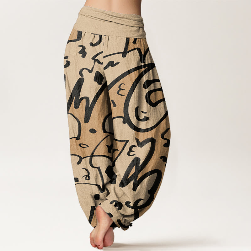 Pantalon sarouel décontracté et ludique à taille élastique pour femme avec motif de lignes et de Buddha Stones - image 2