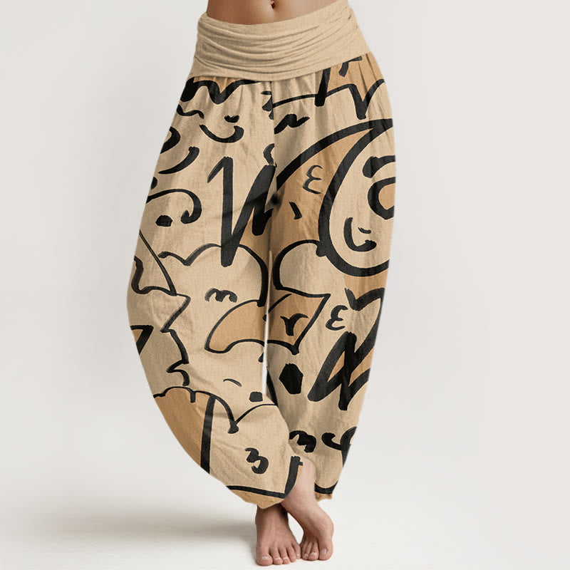 Pantalon sarouel décontracté et ludique à taille élastique pour femme avec motif de lignes et de Buddha Stones - Verge d'or pâle - US22，UK/AU26，EU54 (6XL) - image 1