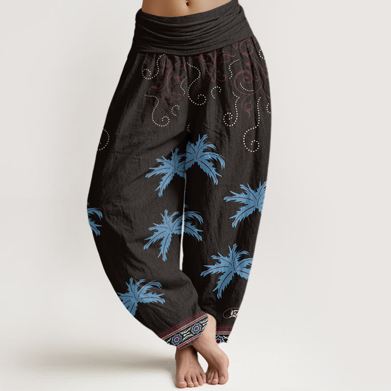 Pantalon sarouel décontracté à taille élastique pour femme avec motif floral et palmier tropical Buddha Stones - Noir - US22，UK/AU26，EU54 (6XL) - image 1