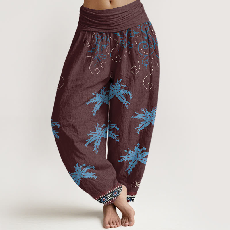 Pantalon sarouel décontracté à taille élastique pour femme avec motif floral et palmier tropical Buddha Stones - Rouge foncé - US22，UK/AU26，EU54 (6XL) - image 5