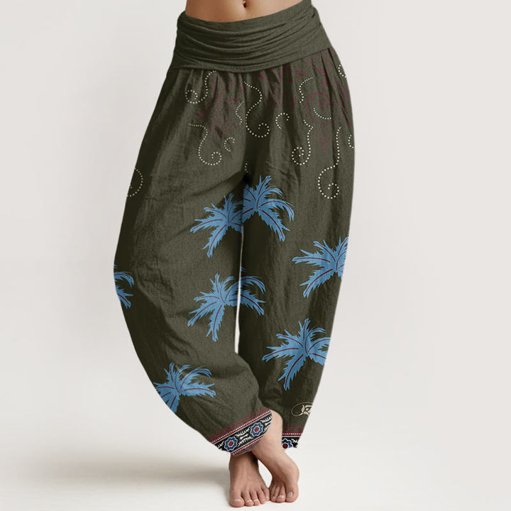 Pantalon sarouel décontracté à taille élastique pour femme avec motif floral et palmier tropical Buddha Stones - Vert olive foncé - US22，UK/AU26，EU54 (6XL) - image 8