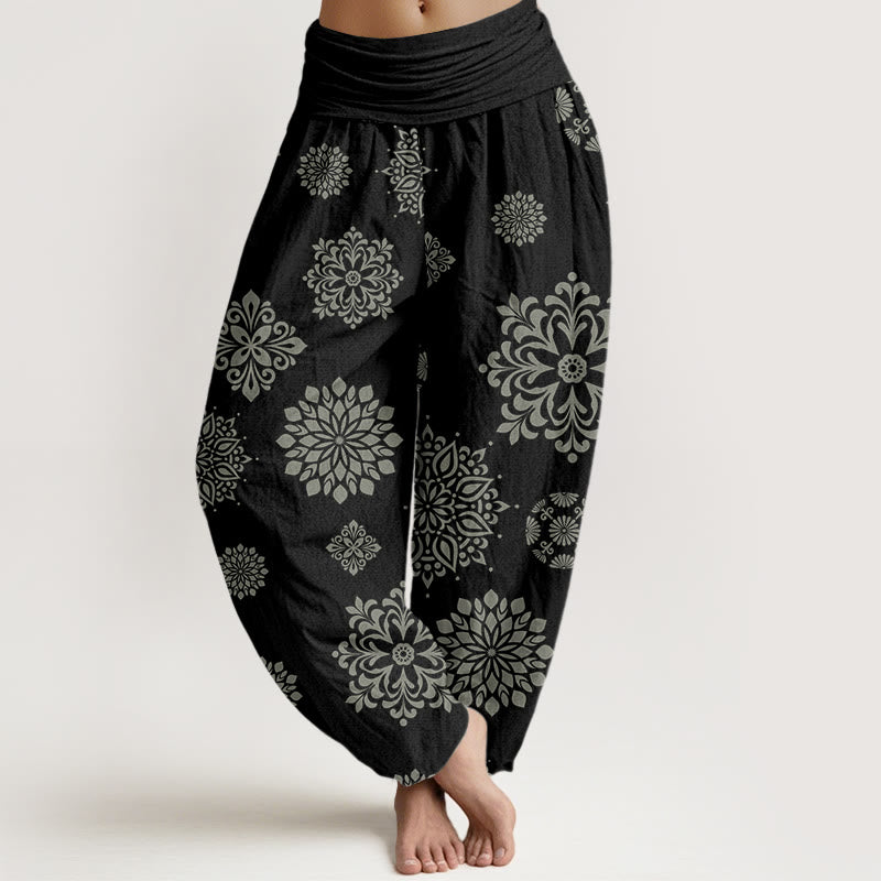 Pantalon sarouel décontracté à taille élastique pour femme avec motif mandala et Buddha Stones - Noir - US22，UK/AU26，EU54 (6XL) - image 1