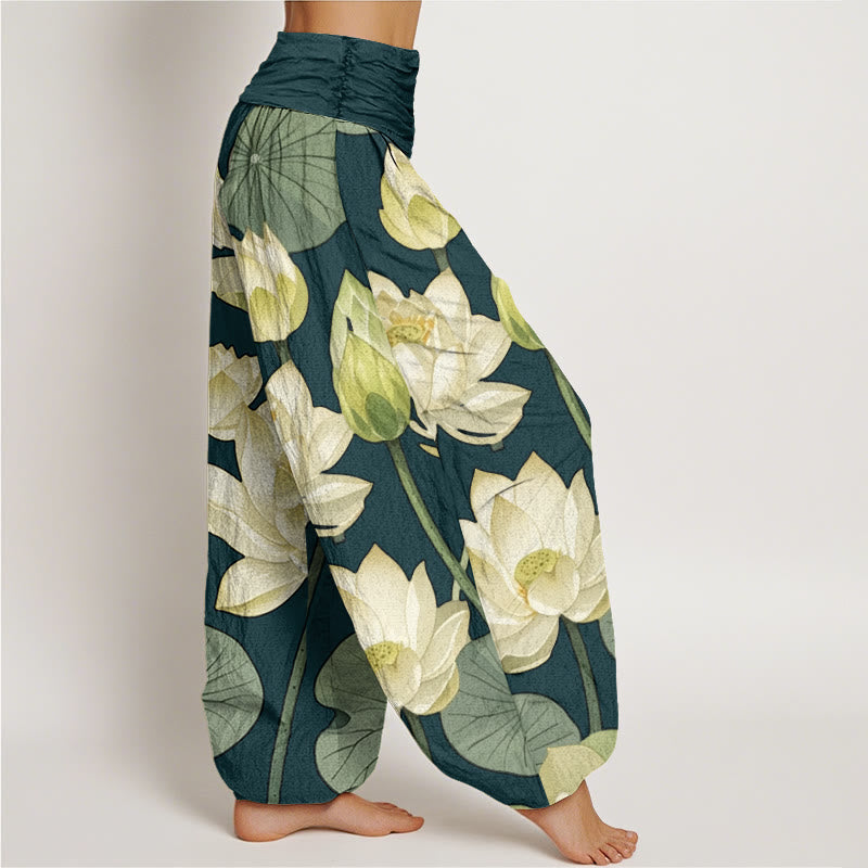 Pantalon sarouel décontracté à taille élastique pour femme avec motif de fleurs de lotus et Buddha Stones - image 2