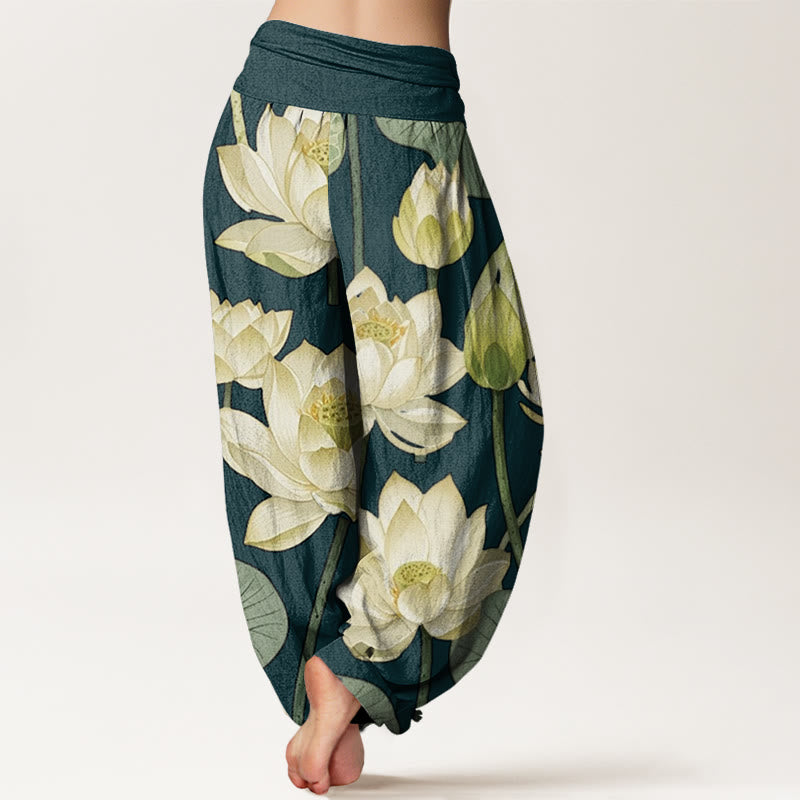 Pantalon sarouel décontracté à taille élastique pour femme avec motif de fleurs de lotus et Buddha Stones - image 3