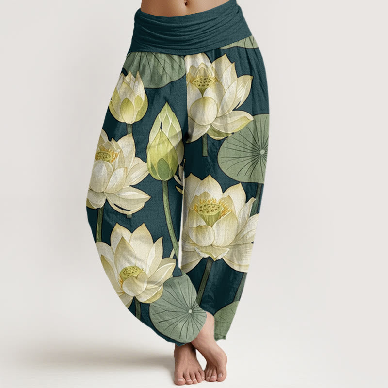 Pantalon sarouel décontracté à taille élastique pour femme avec motif de fleurs de lotus et Buddha Stones - Vert foncé - US22，UK/AU26，EU54 (6XL) - image 1