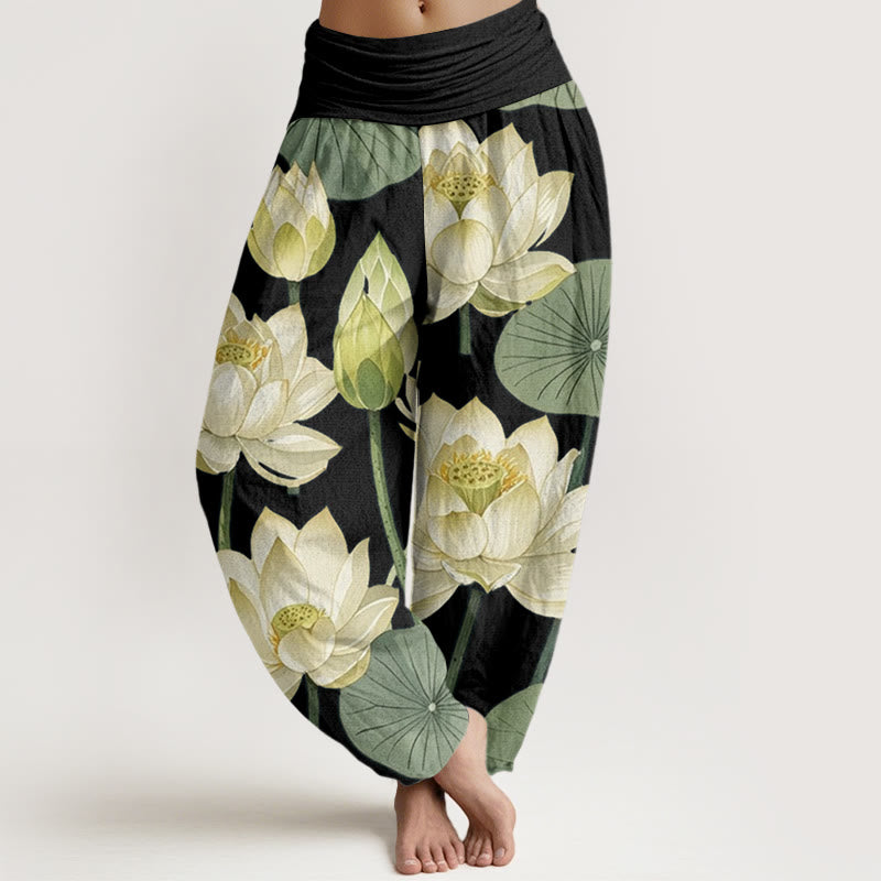 Pantalon sarouel décontracté à taille élastique pour femme avec motif de fleurs de lotus et Buddha Stones - Noir - US22，UK/AU26，EU54 (6XL) - image 5