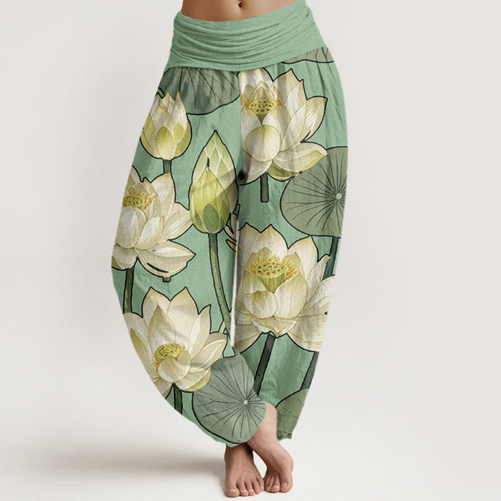 Pantalon sarouel décontracté à taille élastique pour femme avec motif de fleurs de lotus et Buddha Stones - Vert clair - US22，UK/AU26，EU54 (6XL) - image 8